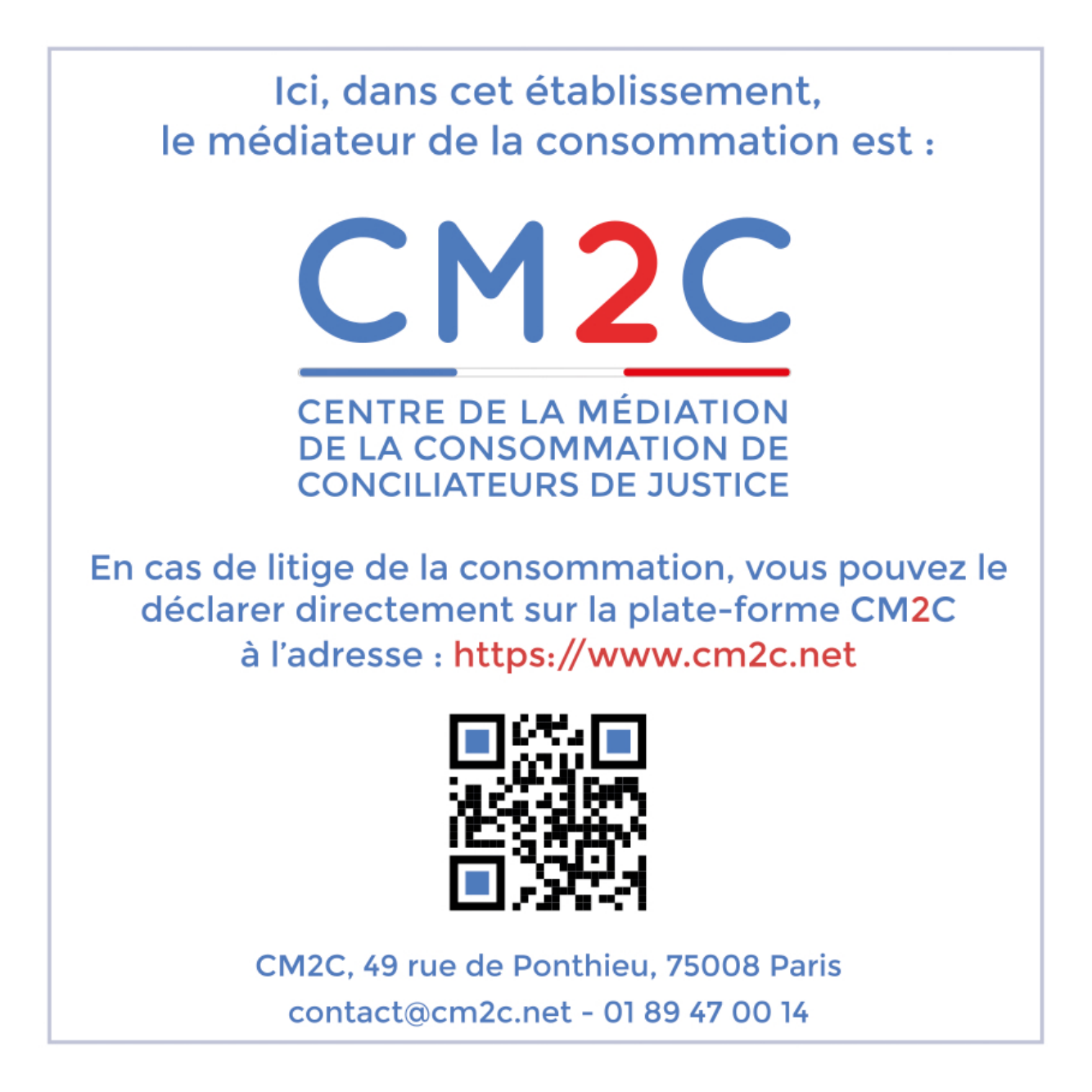 Visuel officiel CM2C, médiateur de la consommation, avec QR code